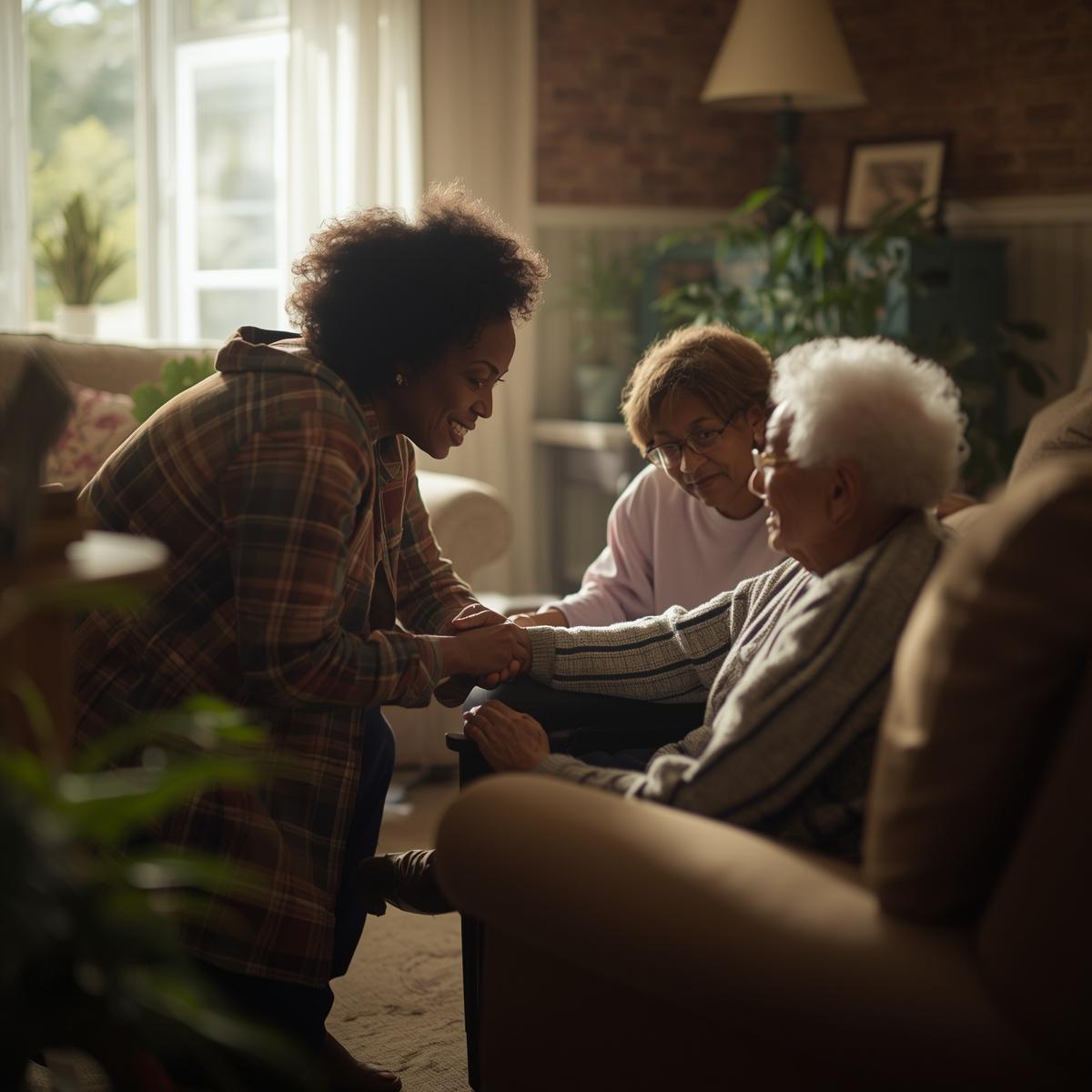 A caring support worker assisting a resident with a daily activity in a cozy home environment.